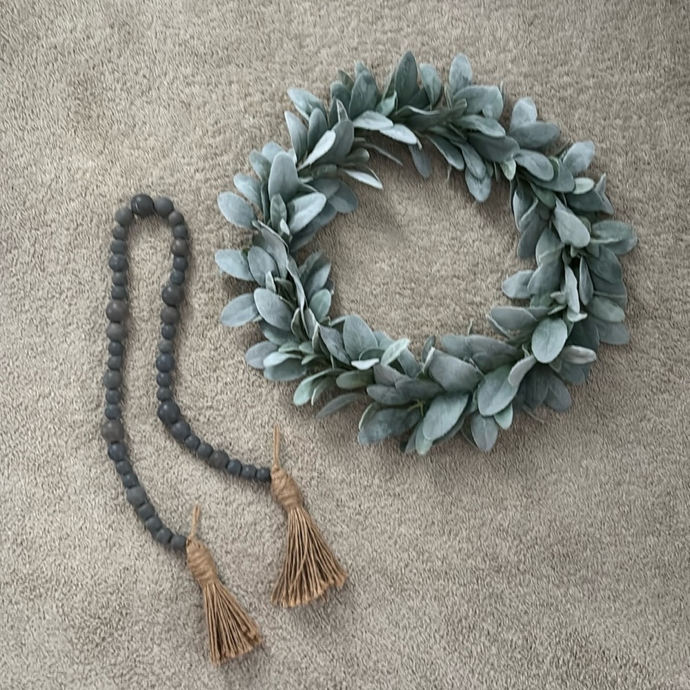 Farmhouse wreath and grey boho beads